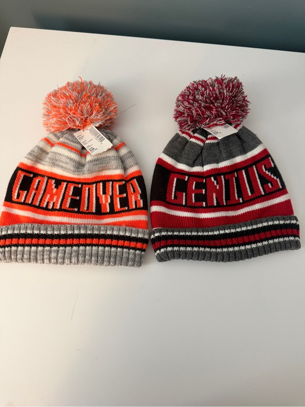 Children’s Place Kids Knit Pom Beanie Hats Orange/Black, Gray/Red